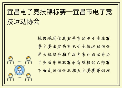 宜昌电子竞技锦标赛—宜昌市电子竞技运动协会
